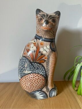 Vintage Large 14” Tonalá Mexican Pottery Cat Signed Folk Art